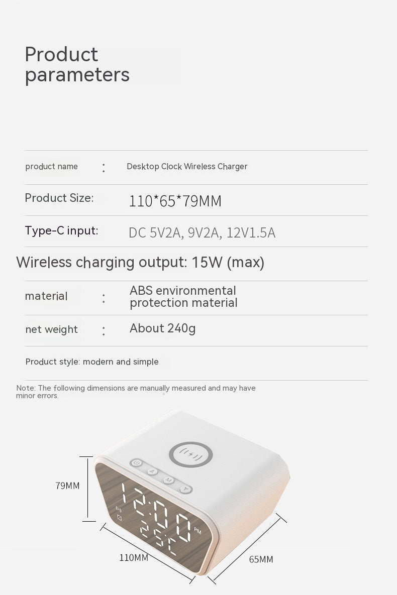 2-i-1 trådlös laddare med temperaturklocka och datumväckarklocka